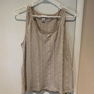 Sleeveless blouse by Chico’s.  Pre-owned, size 2, tan, polyester, made in USA.